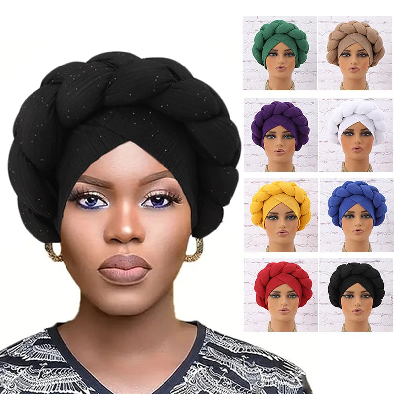 Glitter Braid African Headtie Head Wraps Women Headscarf Bonnet Nigerian Wedding Auto Gele Cap Party Headwear Headdress Hat - NamafadStore