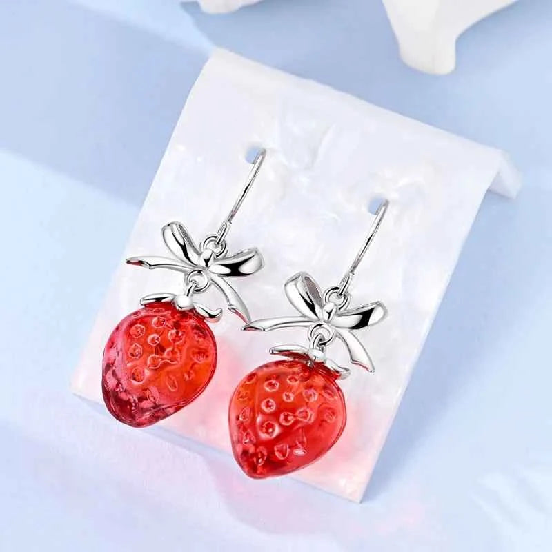 romantic 925 Sterling Silver Strawberry Rose Cherry Apple Wine Glass Red Earrings Colorful And Exquisite Niche Gifts