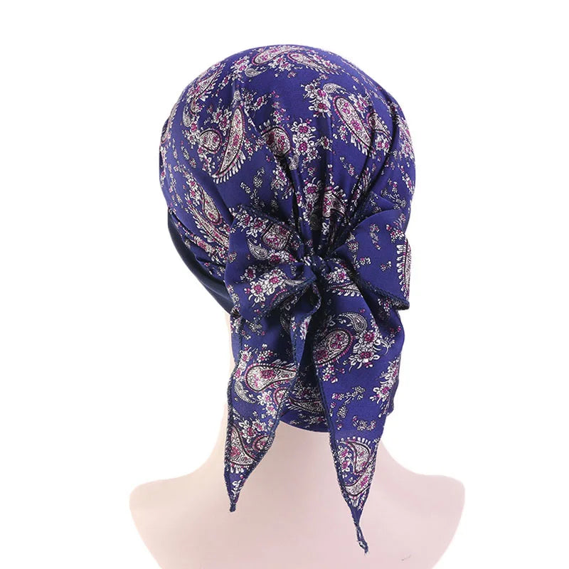 Muslim Women Headwear Turbans Silky Head Scarf With Wide Band Printed Sleeping Hat Hijab Bonnet Hair Cover Ready To Wear - NamafadStore