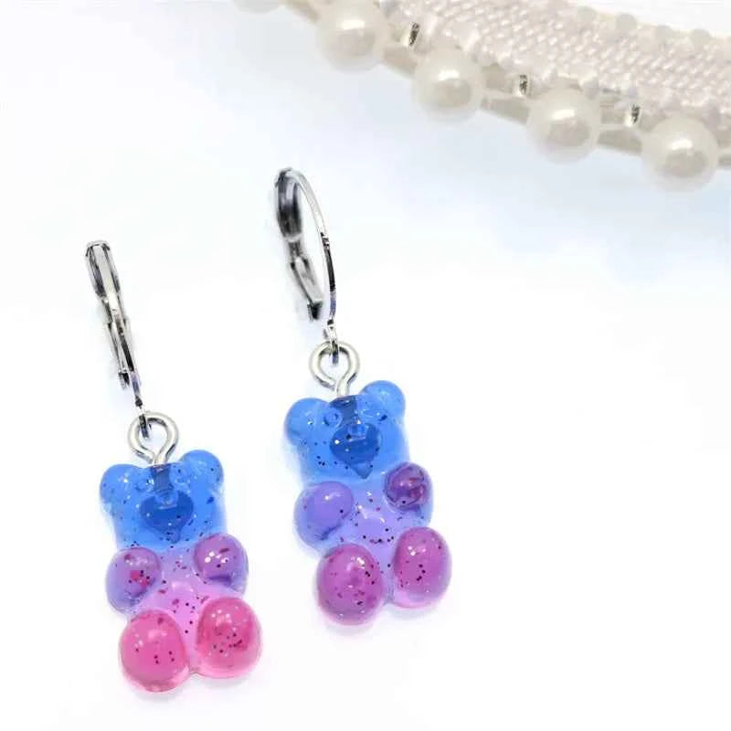 2022 Pink Bear Gummy Cartoon Dangle Earrings For Women Colorful Sequins Gradient Bear Hoop Earring Cute Girl Lucky Jewelry Gift