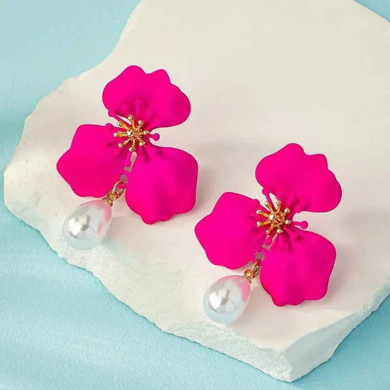 Rose Red Flower Imitation Pearl Dangle Earrings for Women Fashion Multilayer Floral Drop Earrings Jewelry Accessories Party Gift