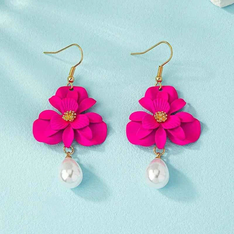 Rose Red Flower Imitation Pearl Dangle Earrings for Women Fashion Multilayer Floral Drop Earrings Jewelry Accessories Party Gift