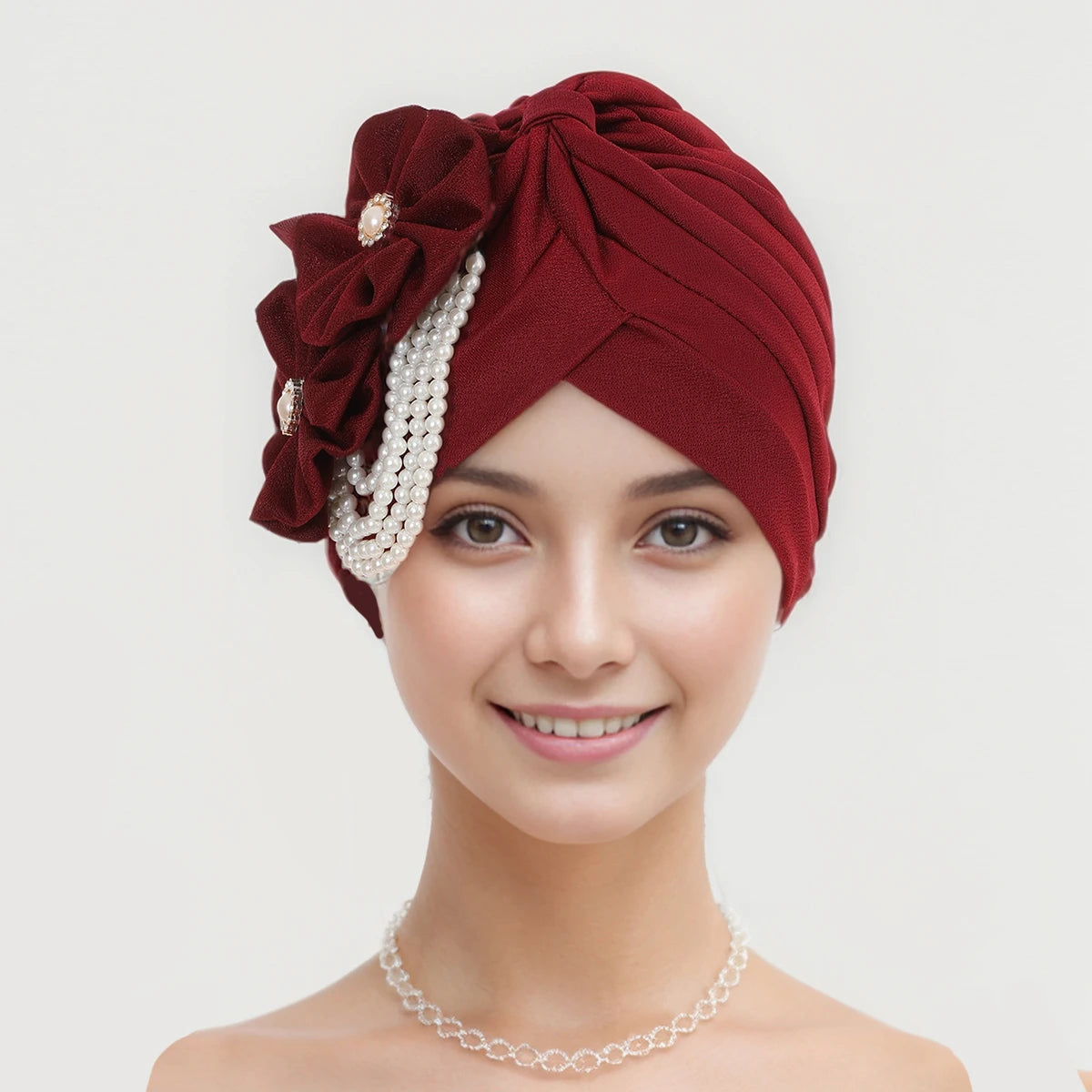 Pearls Beading Turban Cap for Women Flower Design Female Head Wraps Muslim Headscarf Bonnet Hairloss Hat Cover - NamafadStore
