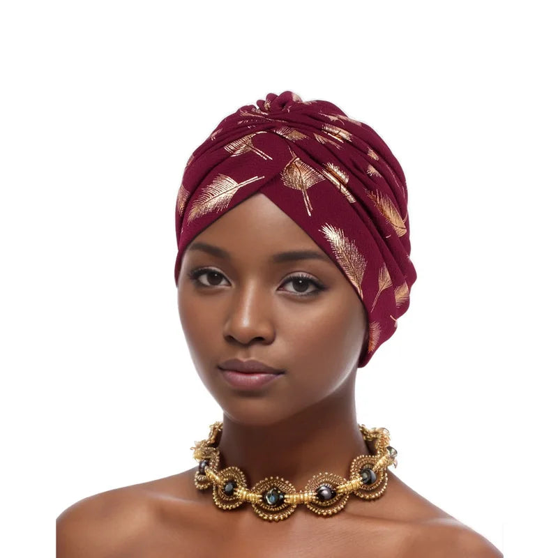 Feather Gold Stamping Fabric Turban Cap for Women African Wrap Head Bonnet Muslim Under Scarf Hat Turbante Mujer - NamafadStore