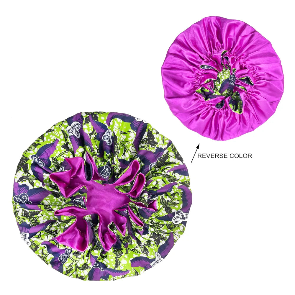 African Pattern Print Bonnet Hijabs Hat Women Night Sleep Cap Double Layer Satin Turban Extra Large Head Wear Lady Head Wrap Hat - NamafadStore