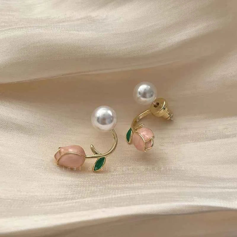 Trendy  Gardenia Pearl Stud Earrings for Women New Design White Green Leaf Flowers Sweet Earrings Fashion Jewelry Wholesale