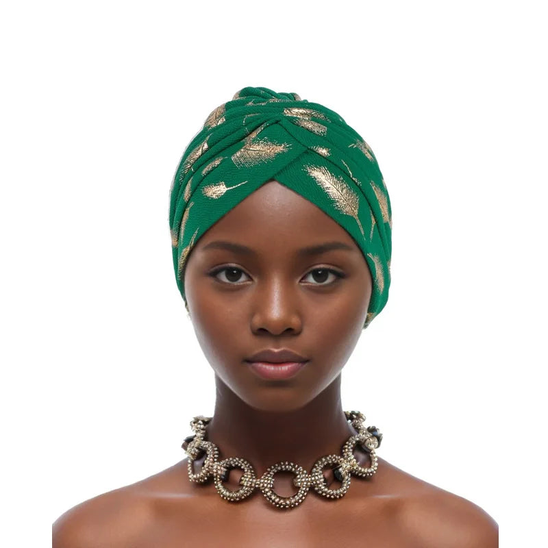 Feather Gold Stamping Fabric Turban Cap for Women African Wrap Head Bonnet Muslim Under Scarf Hat Turbante Mujer - NamafadStore