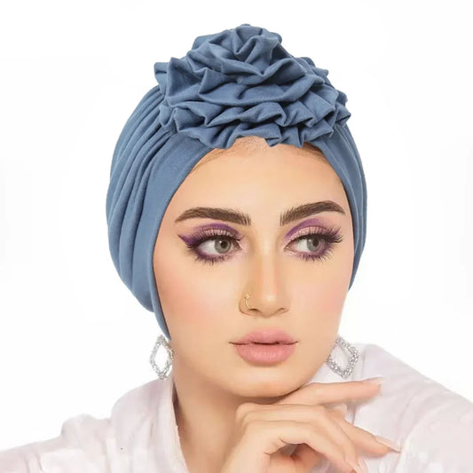 Trendy Crinkle Women's Hijab Solid Color Muslim Ladies Turban Bonnet Flower Decor Ramadan Head Wrap Head Scarf Indian Hat Mujer - NamafadStore