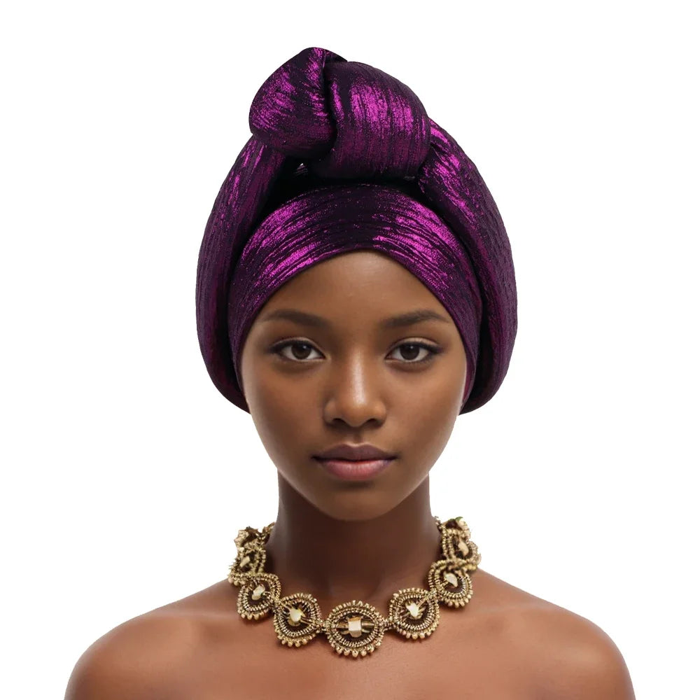 Glitter Fabric African Auto Gele Headtie Nigeria Party Headwear Turbante Mujer Knoted Turban Cap Women's Head Wraps - NamafadStore