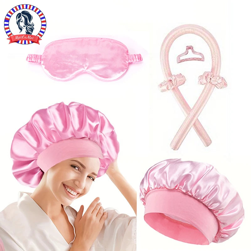 5/6/7pcs Set No Heat Hair Curler Salon Satin Sleeping Sleeping Cap Hat Soft Cooling Eye Mask and Hairpin for Household Travel - NamafadStore
