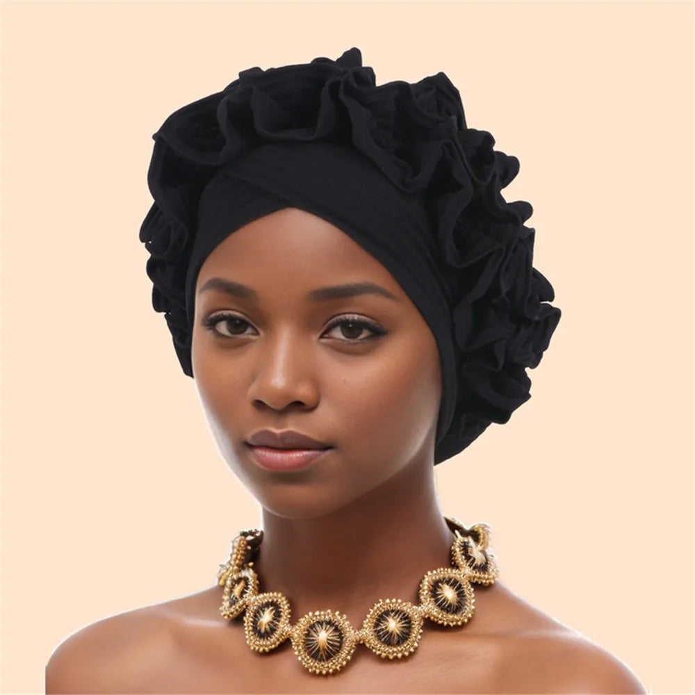 Ruffled Turban Cap Women's Head Wraps Soft Comfortable Headscarf Bonnet Lady Soild Color Headgear - NamafadStore