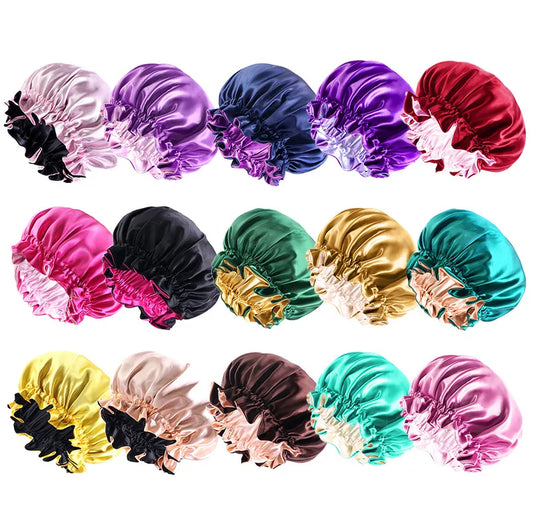 New Solid Elastic Double Layer Satin Bonnet Nightcap Women Night Sleep Hair Protection Hat Reversible Sleeping Hat Hair Care New - NamafadStore