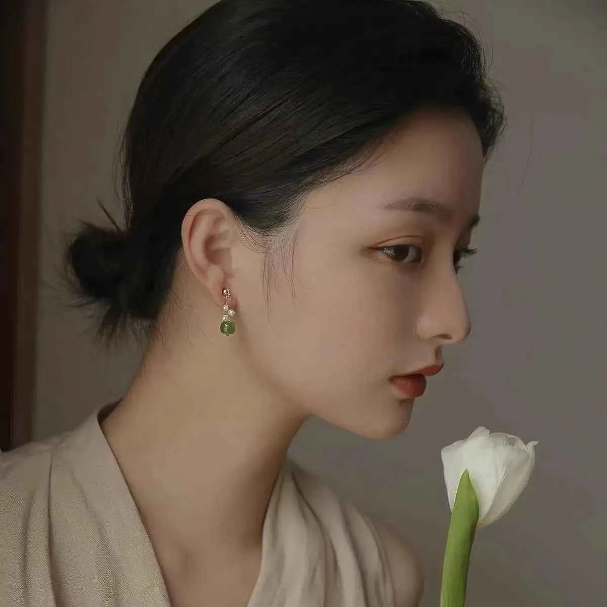 100% Natural Freshwater Pearl & Nephrite Jade Stone 14K Gold Filled Ladies Tassels Stud Earrings Not Allergic For Women Gifts