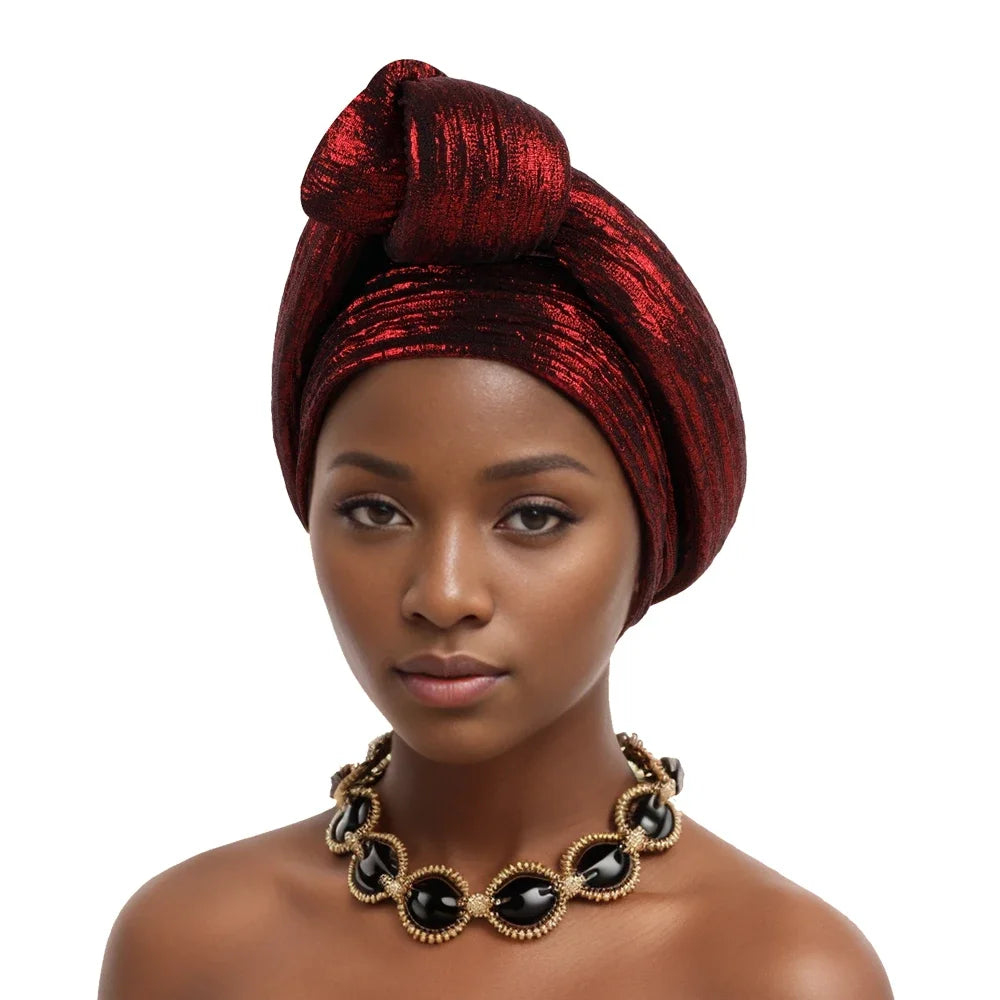 Glitter Fabric African Auto Gele Headtie Nigeria Party Headwear Turbante Mujer Knoted Turban Cap Women's Head Wraps - NamafadStore