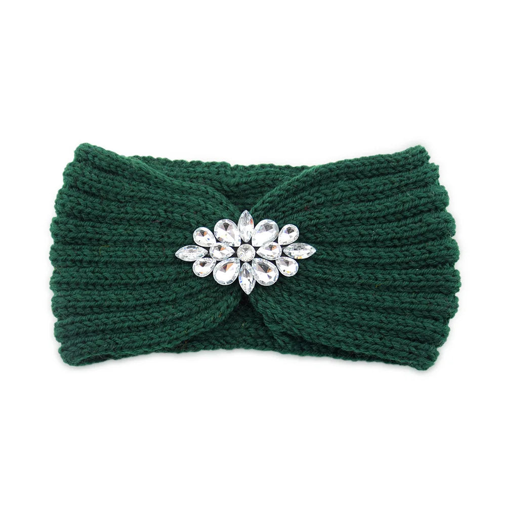 Elegant Women Rhinestone Knitted Hair Bands Ear Protection Headband Head Cover Face Washing Exercise Yoga Warm Wool Headwrap - NamafadStore