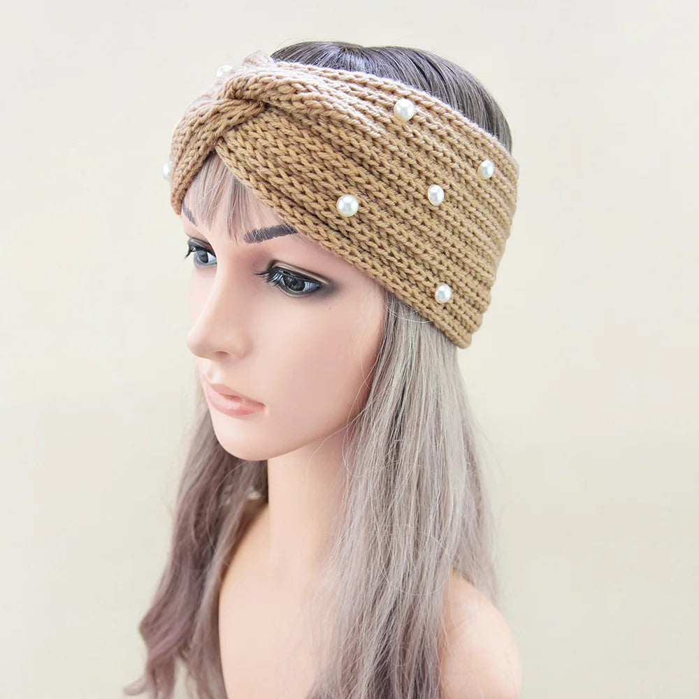 Fashion Pearls Knitted Headband Women Cross Knotted Hair Bands Autumn Winter Ear Warmer Protectors Wide Turban Hair Accessories - NamafadStore