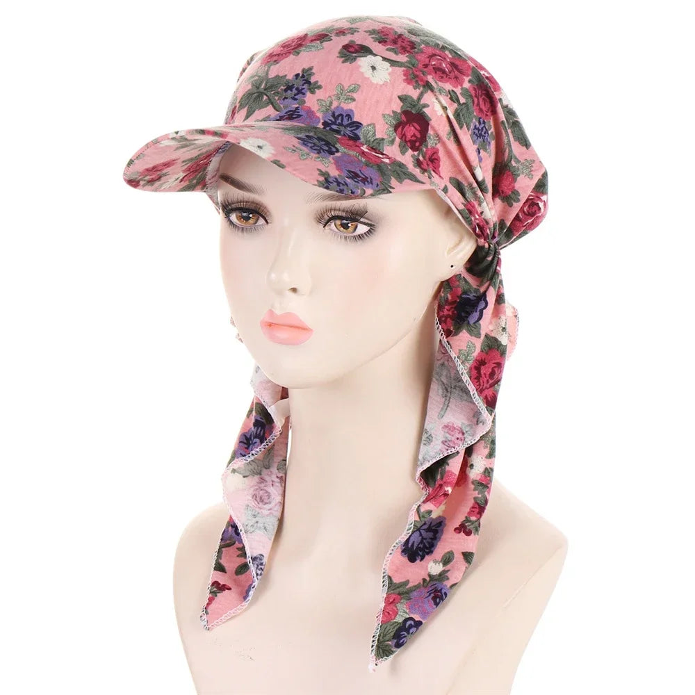 Fashion Muslim Floral Print Hijab Turban Hat for Women Visor Baseball Cap Sun Hats Headscarf Scarf Brim Femme Scarves Bandanas