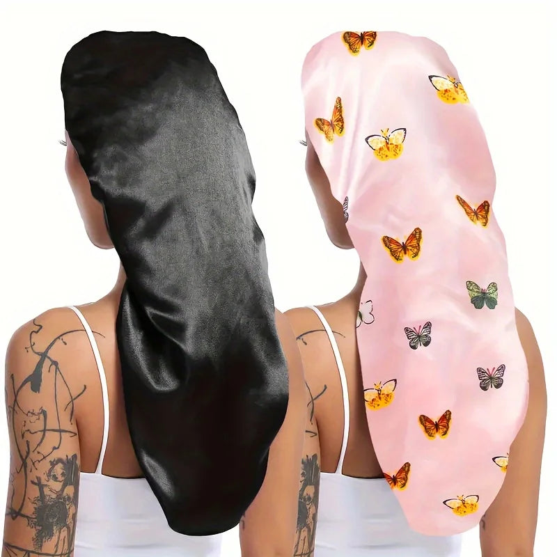2pc Long Silky Sleep Bonnet For Straight Curly Hair, Extra Large Hair Bonnets For Dreadlock And Braids, Satin Sleeping Caps - NamafadStore