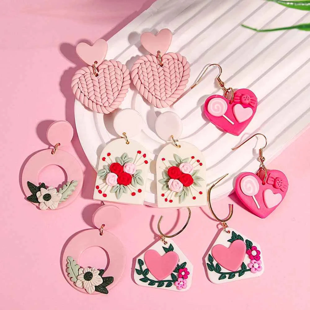AENSOA Hollow Round Flower Earring For Women Polymer Clay Valentine's Day Girls Gift Heart Pattern Ear Accessories Jewelry INS