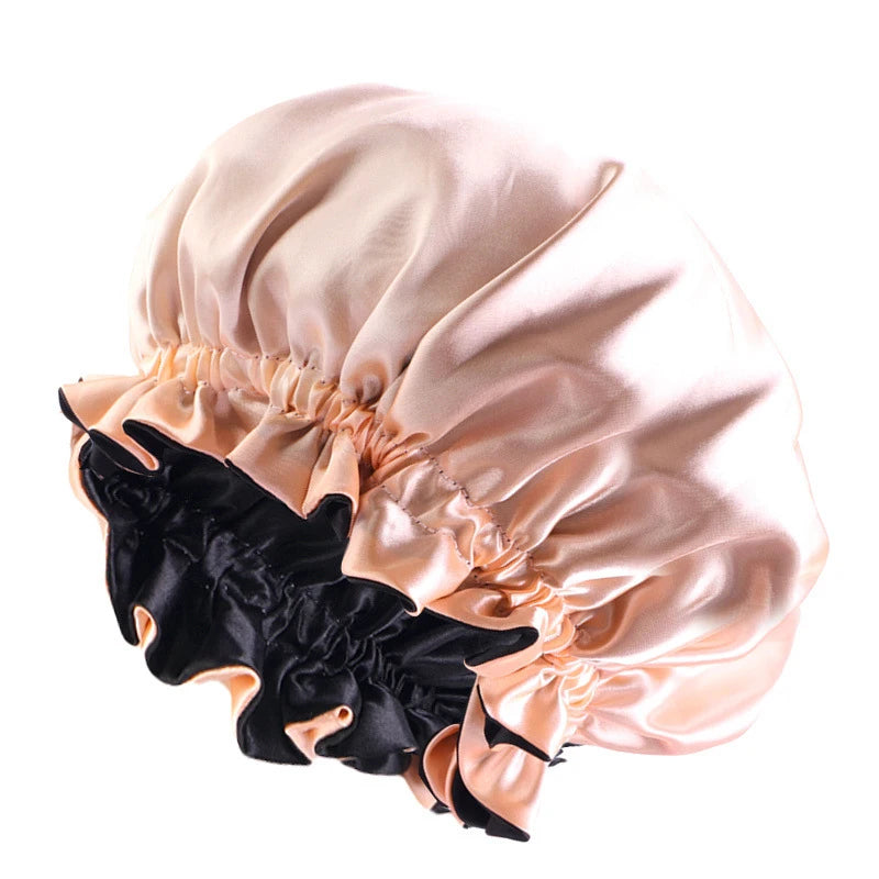 New Solid Elastic Double Layer Satin Bonnet Nightcap Women Night Sleep Hair Protection Hat Reversible Sleeping Hat Hair Care New - NamafadStore