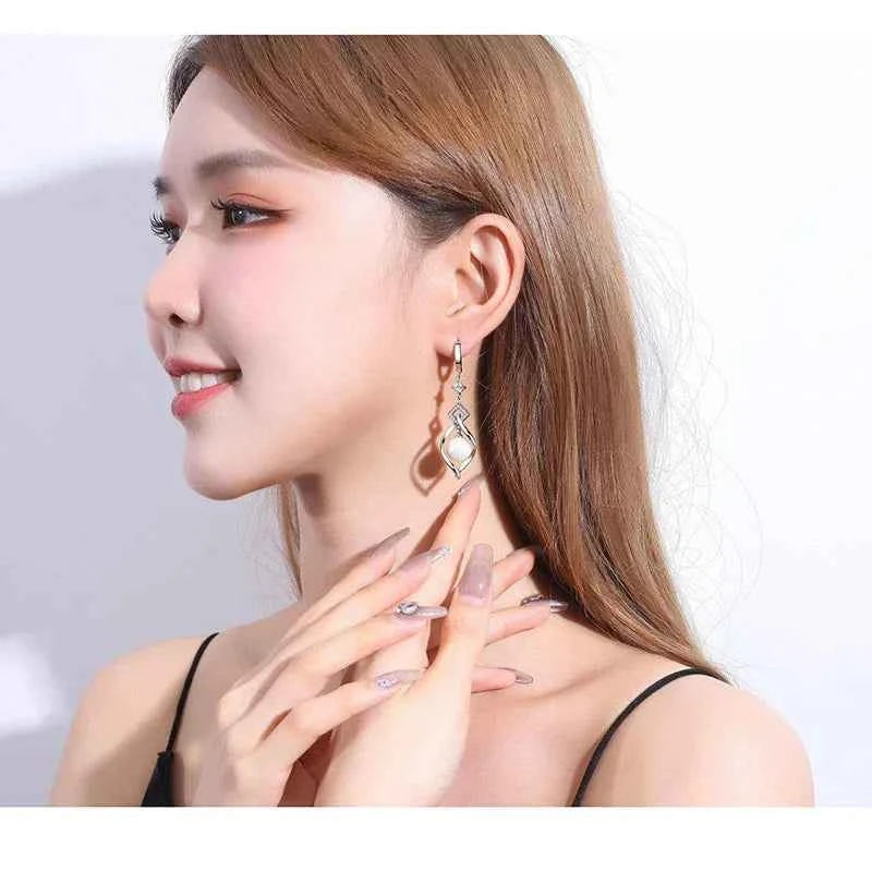 925 Sterling Silver Crystal Zirconia Natural Pearl Earrings, Women's Fashion Gorgeous Wedding Engagement Party Jewelry