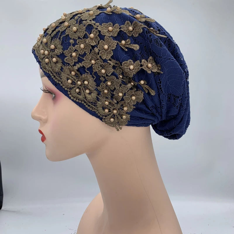Breathable Lace Beading Turban Hat Summer Female Head Wraps Caps Muslim Women Headscarf Bonnet Ready to Wear Inner Hijabs - NamafadStore