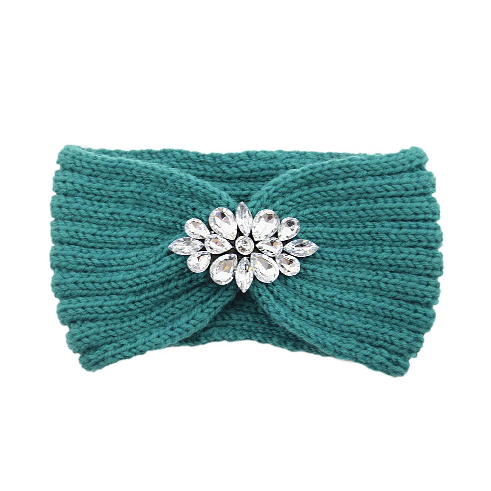 Elegant Women Rhinestone Knitted Hair Bands Ear Protection Headband Head Cover Face Washing Exercise Yoga Warm Wool Headwrap - NamafadStore