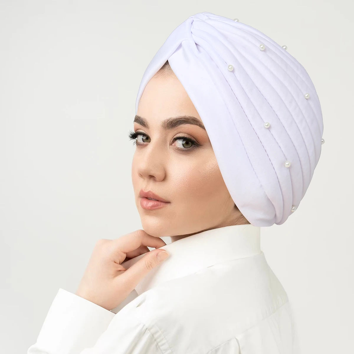 Solid Color Pearl Crinkle Women Muslim Hijab Caps Wrap Head Soft Elastic Ladies Turban Bonnet Islamic Clothing Accessories - NamafadStore
