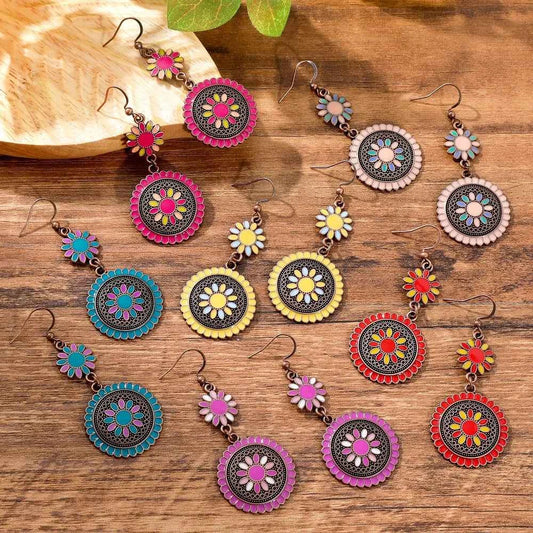12 Colors Ethnic Vintage Enamel Sun Flower Earrings for Women Elegant Fresh Dangle Earrings Boho Vacation Party Jewelry