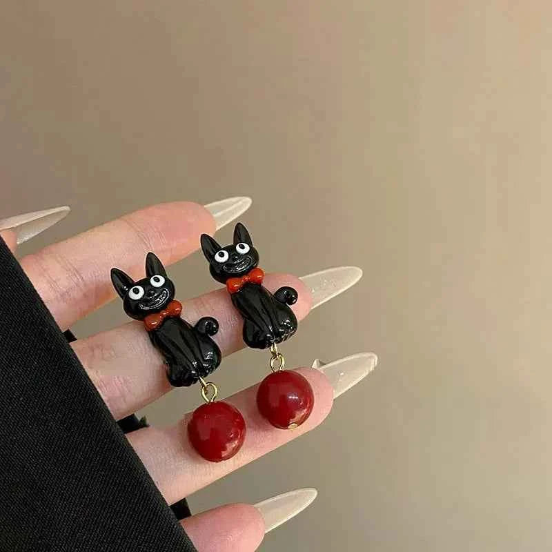 Sweet Cartoon Black Cat Cool Earrings Fashionable Women Girls Personality Temperament Red Pearl Pendant Earrings Simple Gift