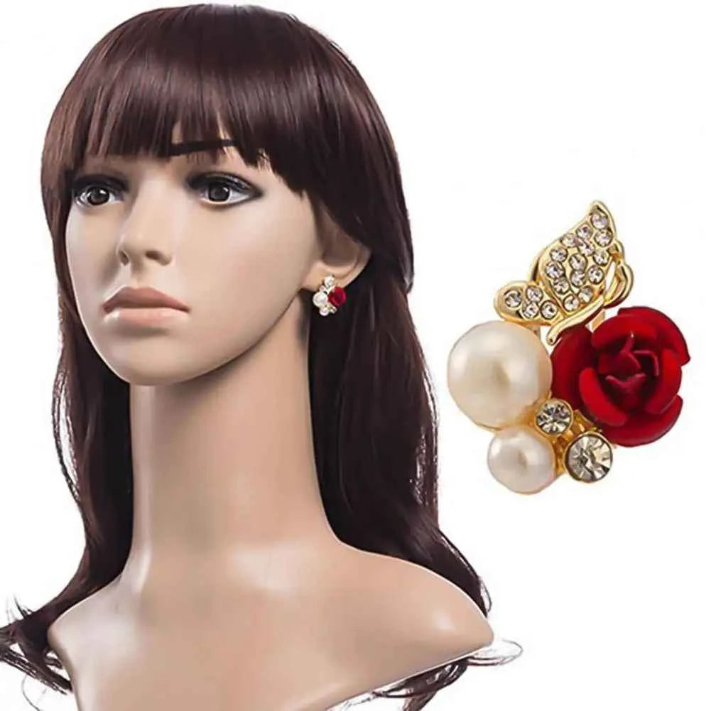 Red Rose Flower Faux Pearl Women Earrings Decor Exquisite Alloy Ear Studs Jewelry Gift for Party Stud Earrings