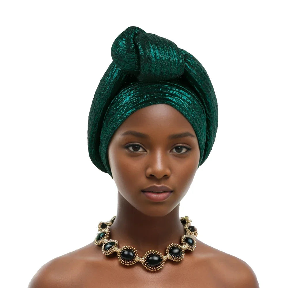 Glitter Fabric African Auto Gele Headtie Nigeria Party Headwear Turbante Mujer Knoted Turban Cap Women's Head Wraps - NamafadStore