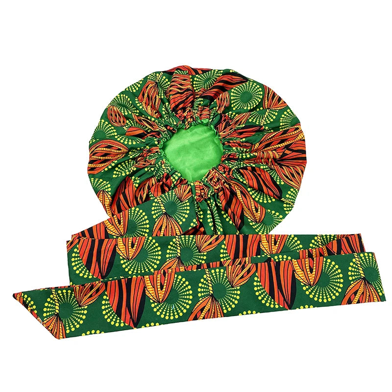 New African Ankara Pattern Satin Linned Bonnet Women Long Ribbon Headwrap Double Layer Headscarf Big Size Adult Hair Cover