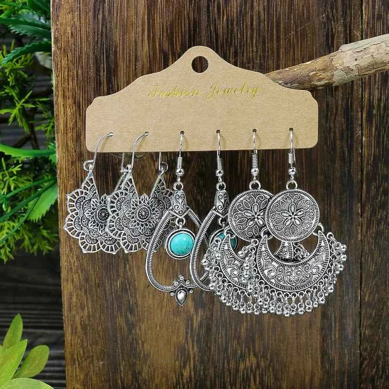 New Fashion Bohemian Flower Tassel Drop Earrings For Women Retro Jewelry Hollow Geometric Pendant Earrings Aesthetic Accessories