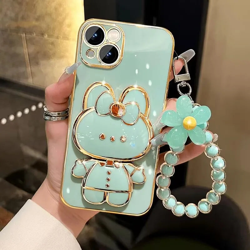 Bead bracelet Rabbit Mirror Rabbit Flower Strap Case For iPhone 16 Pro Max 15 Plus 14 13 12 11 SE 2022 Electroplated Kickstand