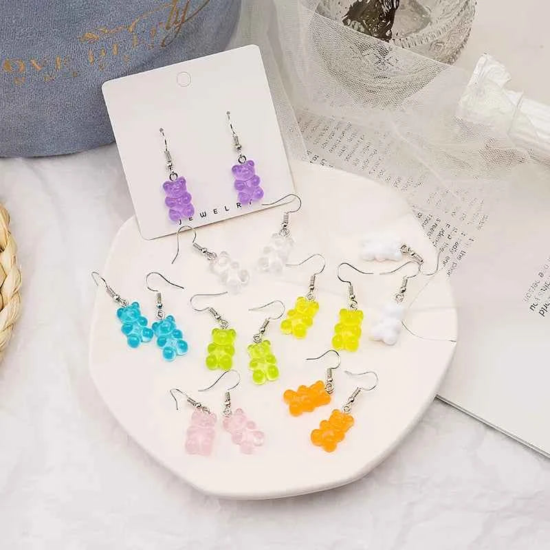 Gradient Candy Color Cute Acrylic Bear Dangle Earrings for Women Girls Gift Korean Fashion Animal Hook Earring Female Jewelry