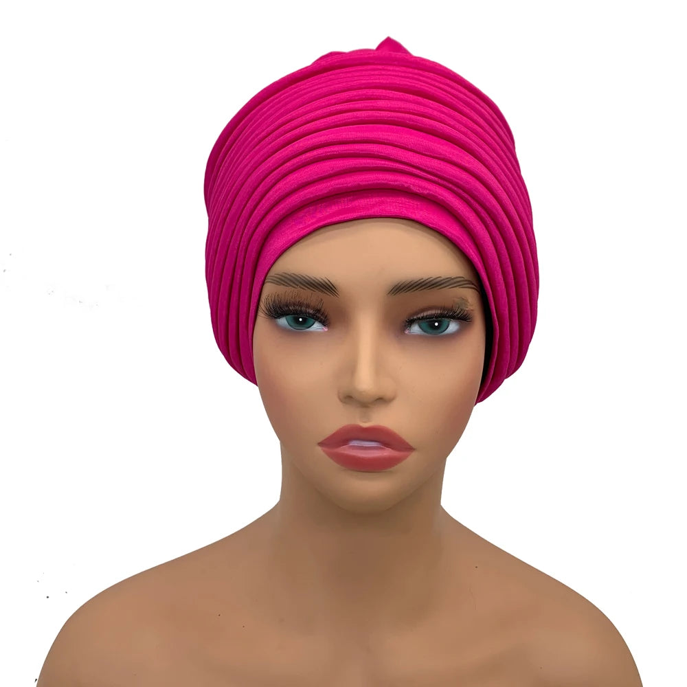 New Raw Silk Pleated Turban Cap for Women African Female Head Wraps Nigeria Lady Headwear Hat Wedding Headtie - NamafadStore