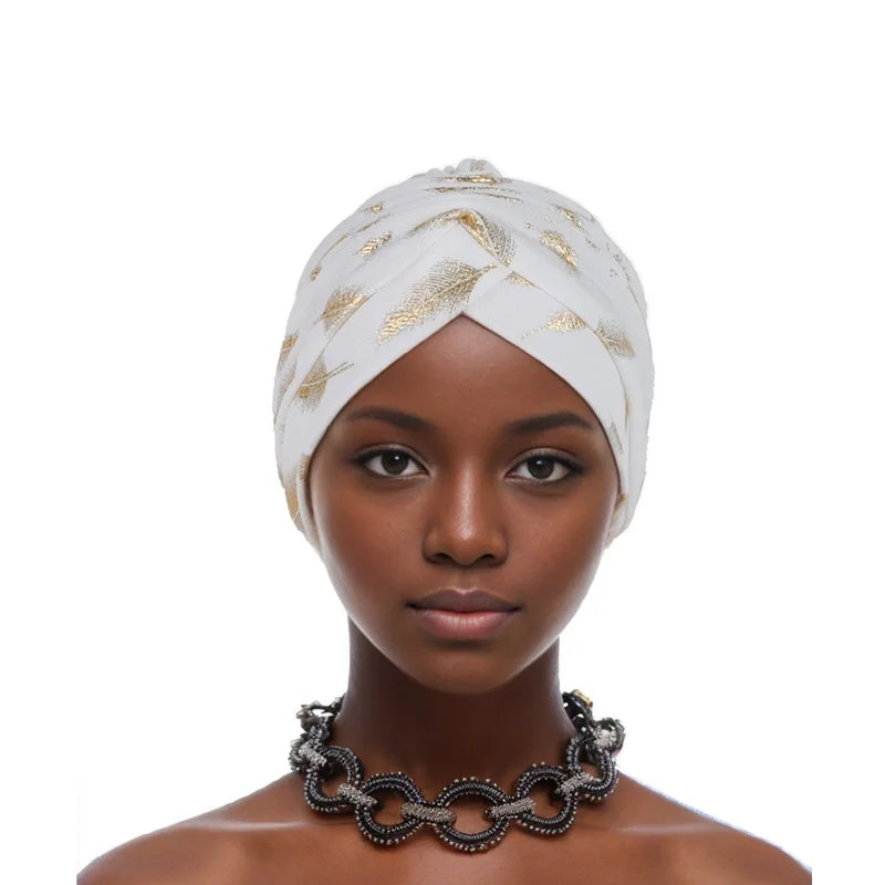 Feather Gold Stamping Fabric Turban Cap for Women African Wrap Head Bonnet Muslim Under Scarf Hat Turbante Mujer - NamafadStore