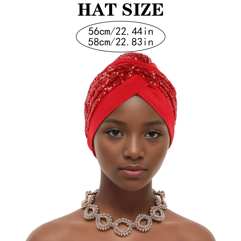 Shining Sequins African Turban Cap Female Head Wraps Muslim Headscarf Bonnet Hijab Hat Nigeria Wedding Party Headpiece - NamafadStore