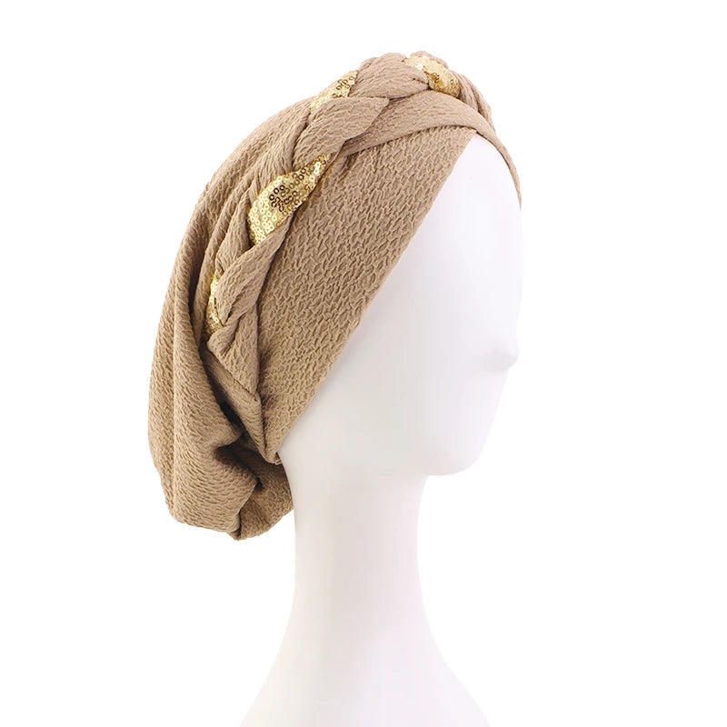 New African Headband Turban Cap Muslim Fried Dough Twists Braid Head Cap Islamic Chemo Hair Care Hats Beanie Headscarf - NamafadStore