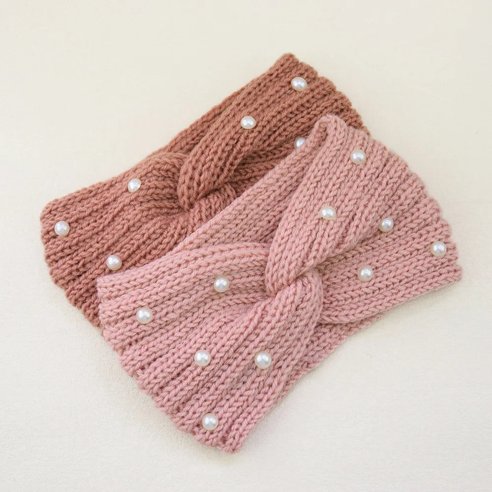 Fashion Pearls Knitted Headband Women Cross Knotted Hair Bands Autumn Winter Ear Warmer Protectors Wide Turban Hair Accessories - NamafadStore
