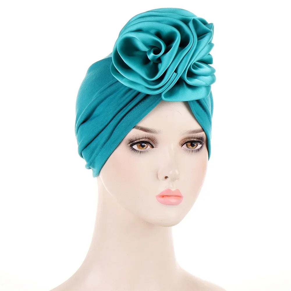 Big Flower Muslim Women Turban Satin Head Wrap Hijab Sleep Night Hat Chemo Cap Indian Elastic Beanie Ladies Hair Loss Headwear - NamafadStore