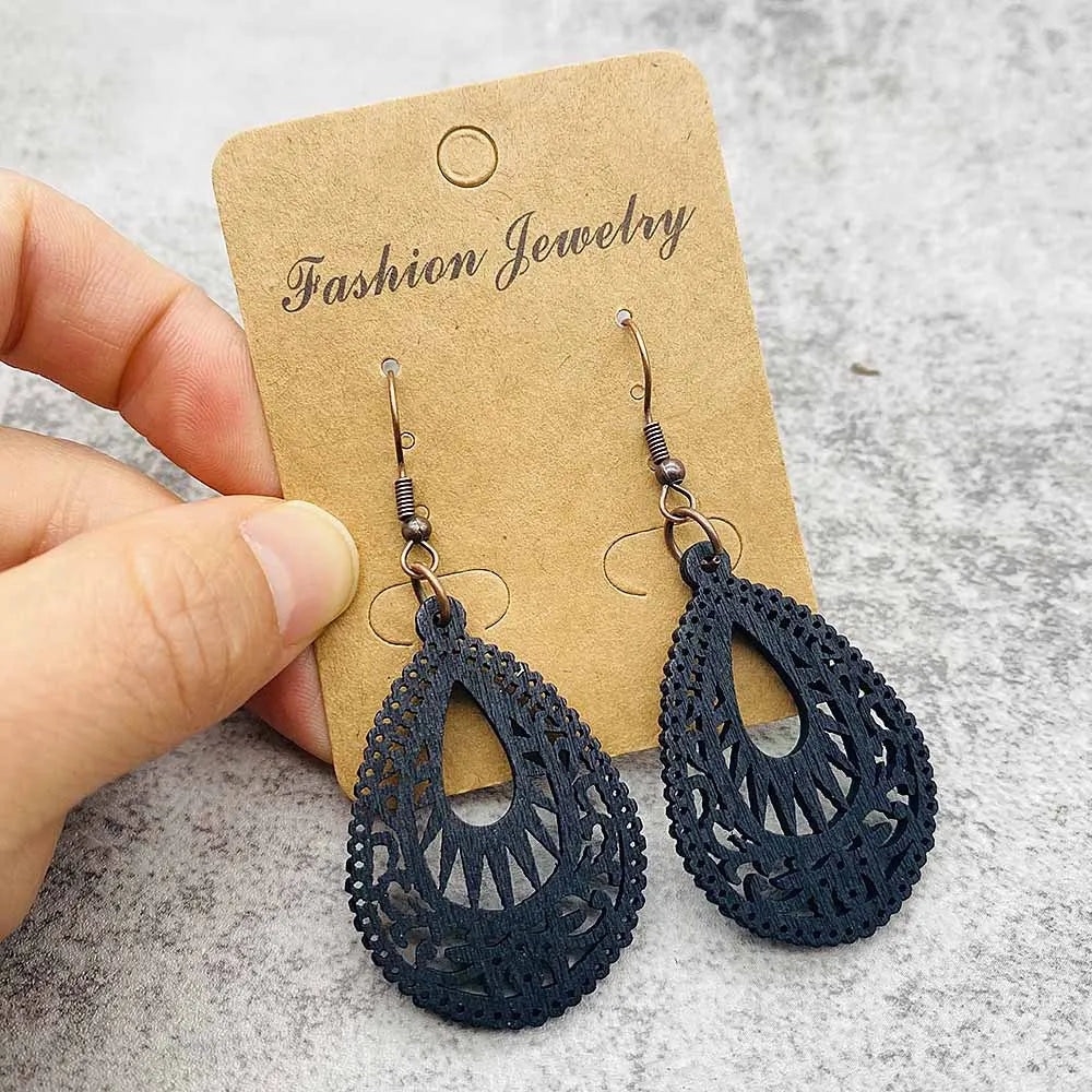 Vintage Hollowed Out Wooden Earrings Fashionable  Bohemian Style Creative Geometric Earrings Set for Women's Daily Wear