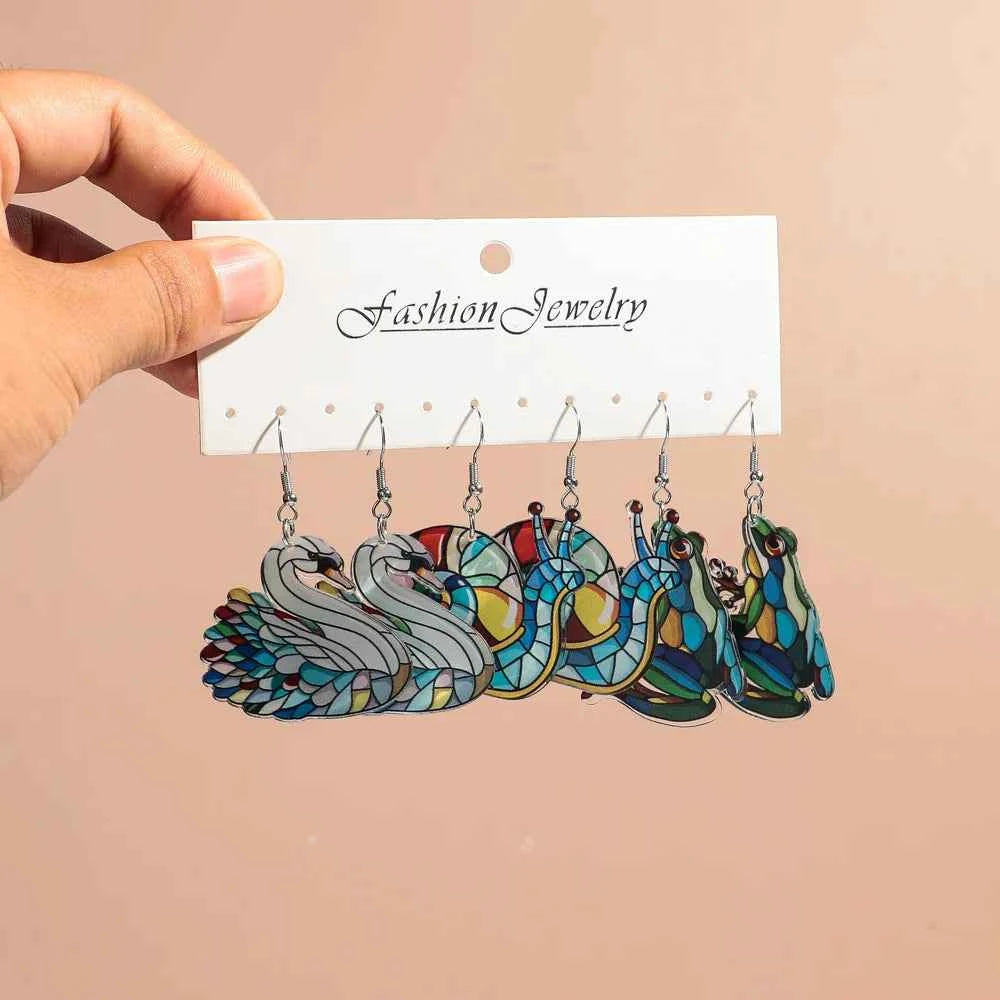 New Church Colorful  Cat Owl Elephant Acrylic Earrings Set for Women 3pair Cute Cartooon Animal Drop Earring Funny Jewelry Gifts