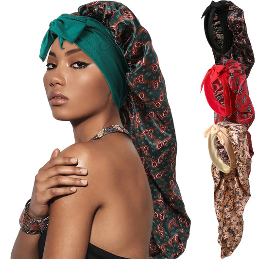 Paisley Print Long Strap Bonnet - Polyester Satin Hair Care Cap with Adjustable Straps for Hair Protection and Care - NamafadStore