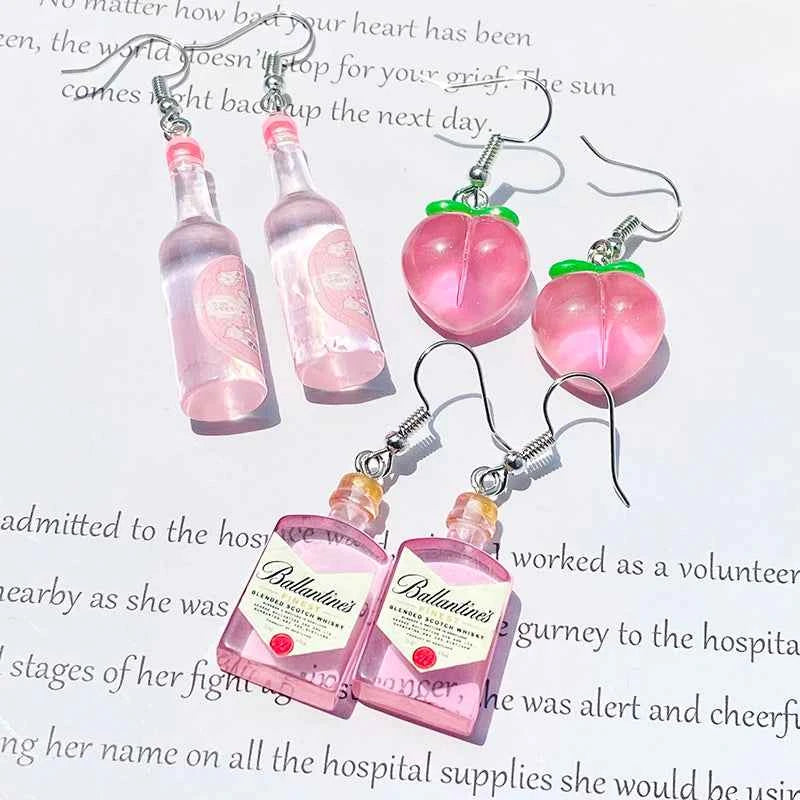 Transparent Pink Bottles Peach Drop Earrings Cute Funny Romantic 3D Simulation Fruit Drink Pendant Earring Women Gift Jewelry