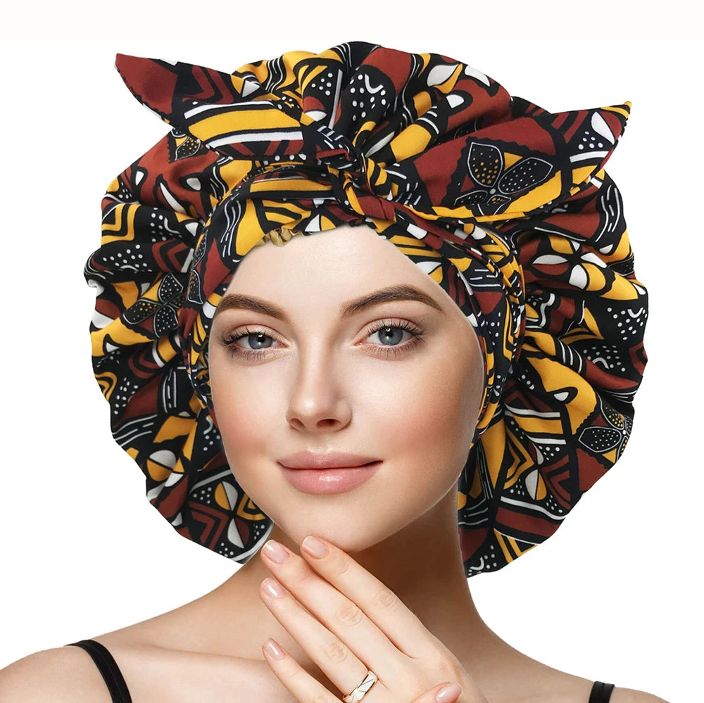 New African Ankara Pattern Satin Linned Bonnet Women Long Ribbon Headwrap Double Layer Headscarf Big Size Adult Hair Cover