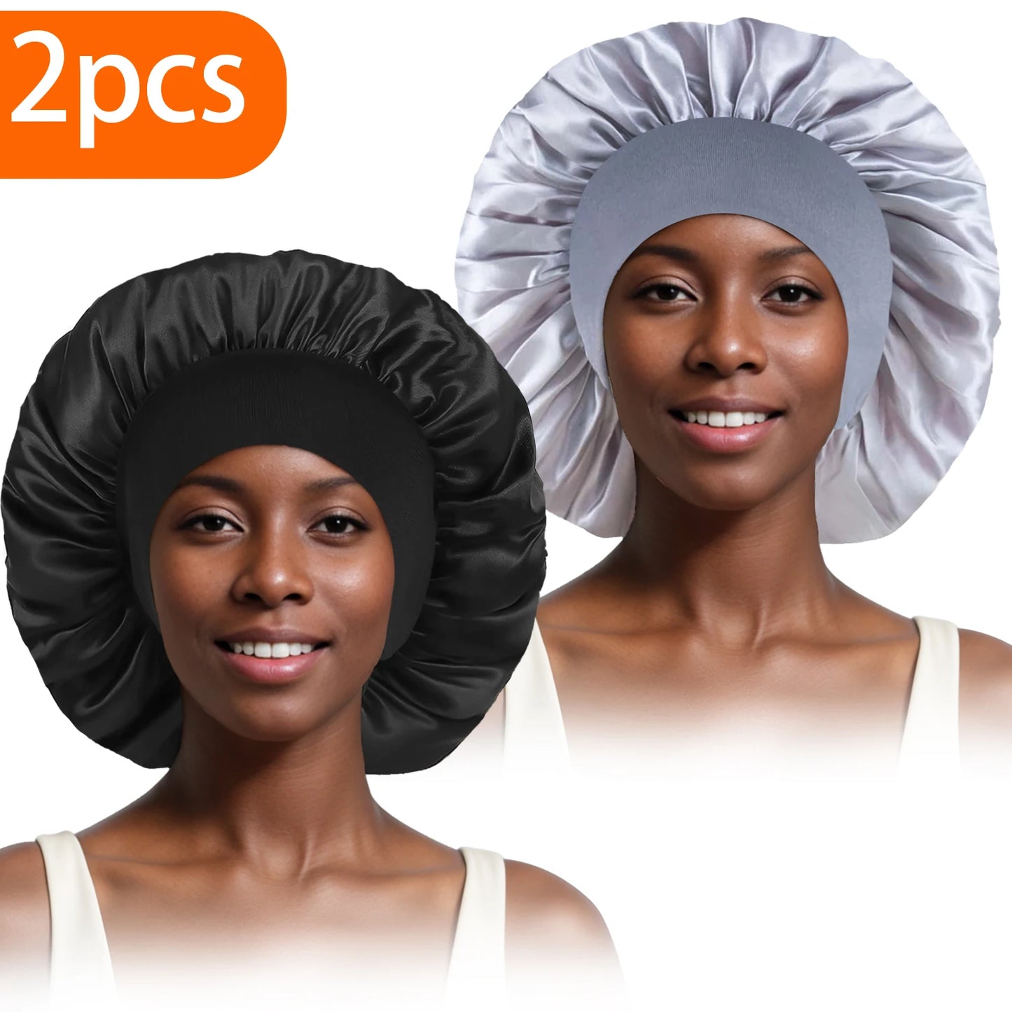 2pcs Women's Fashion Bonnet Large Wide Edge Elastic Hat Casual Silk Smooth Tint Suitable for Curled Straight Hair Sleeping Hat - NamafadStore