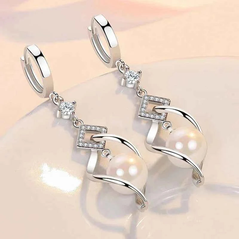 925 Sterling Silver Crystal Zirconia Natural Pearl Earrings, Women's Fashion Gorgeous Wedding Engagement Party Jewelry