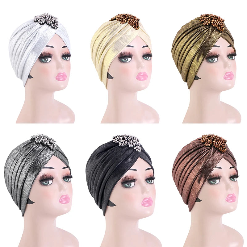 New Women's Luxury Diamond Turban Cap Muslim Indian Hat Bandana Elastic Beanies Chemo Cap African Hat Headwear - NamafadStore